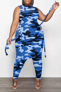 Blue Fashion Camouflage Print Split Joint O Neck Plus Size Two Pieces