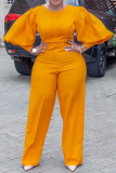 Yellow Casual Solid Patchwork O Neck Straight Jumpsuits