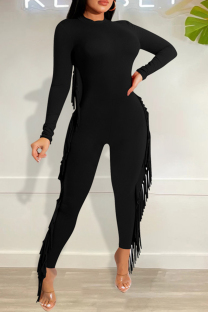Black Fashion Casual Solid Tassel Split Joint O Neck Regular Jumpsuits