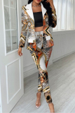 Colour Fashion Casual Print Cardigan Pants Turndown Collar Long Sleeve Two Pieces