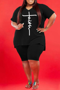 Black Fashion Casual Print Slit V Neck Plus Size Two Pieces