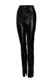 Silver Fashion Casual Solid Slit Skinny Mid Waist Pencil Solid Color Bottoms