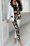 Colour Fashion Casual Print Cardigan Pants Turndown Collar Long Sleeve Two Pieces
