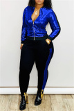 Blue Fashion Casual Patchwork Sequins Zipper Collar Long Sleeve Two Pieces