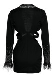 White Fashion Sexy Patchwork Hot Drilling Hollowed Out V Neck Long Sleeve Dresses