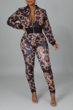 Brown Sexy Print Split Joint Zipper Collar Long Sleeve Two Pieces