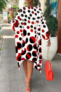 Red Black Casual Print Split Joint O Neck Straight Plus Size Dresses