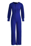 Blue Casual Solid Patchwork O Neck Straight Jumpsuits