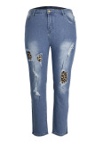 Baby Blue Fashion Street Adult Denim Patchwork Leopard Ripped Split Joint Pants Plus Size
