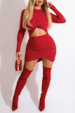 Red Sexy Casual Solid Hollowed Out O Neck Long Sleeve Dresses