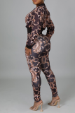 Brown Sexy Print Split Joint Zipper Collar Long Sleeve Two Pieces