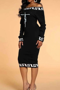 Black Casual Print Split Joint Off the Shoulder One Step Skirt Dresses