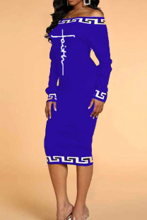 Blue Casual Print Split Joint Off the Shoulder One Step Skirt Dresses