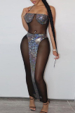 Black Fashion Sexy Patchwork Bandage See-through Backless Halter Strapless Dress