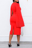 Red Fashion Solid Split Joint Beading Boat Neck Pencil Dresses
