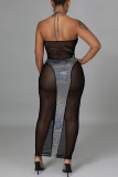 Black Fashion Sexy Patchwork Bandage See-through Backless Halter Strapless Dress
