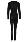 Black Fashion Sexy Adult Solid Ripped Split Joint V Neck Skinny Jumpsuits