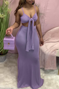 Purple Sexy Solid Split Joint Spaghetti Strap Sleeveless Two Pieces