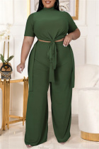 Green Fashion Casual Solid Bandage Slit Turtleneck Plus Size Two Pieces