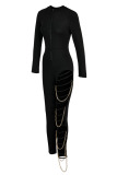 Black Fashion Sexy Adult Solid Ripped Split Joint V Neck Skinny Jumpsuits