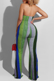 Purple Sexy Striped Print Bandage Split Joint Backless Halter Boot Cut Jumpsuits