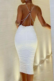 White Sexy Solid Chains Backless Spaghetti Strap Pencil Skirt Dresses