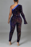 Blue Fashion Sexy Patchwork Sequins Backless Oblique Collar Skinny Jumpsuits