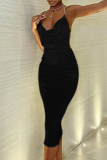 Black Sexy Solid Chains Backless Spaghetti Strap Pencil Skirt Dresses