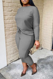 Grey Casual Solid Split Joint O Neck Plus Size Two Pieces
