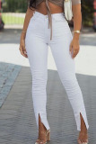 White Casual Solid Patchwork Slit High Waist Regular Denim Jeans