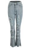 Light Blue Denim Button Fly Sleeveless High Hole Solid Old Patchwork Straight Pants Pants