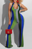 Blue Sexy Striped Print Bandage Split Joint Backless Halter Boot Cut Jumpsuits