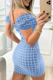 Blue Fashion Casual Plaid Print Frenulum V Neck Short Sleeve Dress