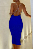 Blue Sexy Solid Chains Backless Spaghetti Strap Pencil Skirt Dresses