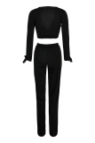 Black Sexy Casual Solid Bandage Slit V Neck Long Sleeve Two Pieces