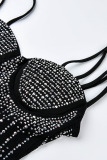 Black Fashion Sexy Hot Drilling See-through Spaghetti Strap Sling Dress