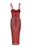 Red Fashion Sexy Hot Drilling See-through Spaghetti Strap Sling Dress