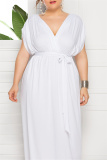 White Fashion Casual Plus Size Solid Split Joint V Neck Long Dress