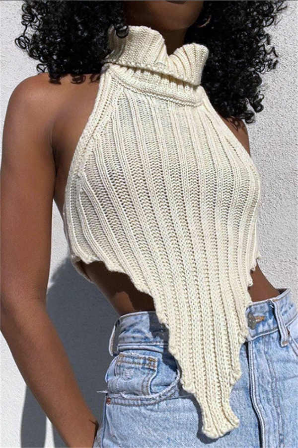 Apricot Sexy Casual Solid Backless Asymmetrical Turtleneck Tops