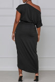 Black Fashion Casual Solid Split Joint O Neck Irregular Dress