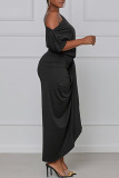 Black Fashion Casual Solid Split Joint O Neck Irregular Dress