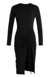 Black Fashion Solid Bandage Draw String Slit O Neck Long Sleeve Dresses