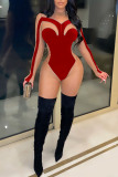 Red Sexy Solid Patchwork See-through O Neck Regular Jumpsuits