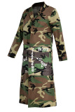 Green Turndown Collar Letter Print Camouflage Patchwork Print Long Sleeve Coats & Cardigan