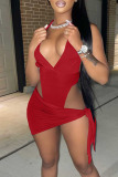 Red Sexy Solid Hollowed Out Split Joint V Neck Sleeveless Two Pieces