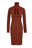 Caramel Colour Sexy Casual Solid Hollowed Out Turtleneck Long Sleeve Dresses
