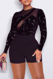 Black Fashion Sexy Patchwork Sequins See-through O Neck Regular Romper