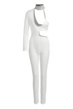 White Sexy Solid Hollowed Out Sequins Patchwork Asymmetrical Half A Turtleneck Skinny Jumpsuits