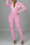 Pink Fashion Casual Print Split Joint V Neck Skinny Jumpsuits