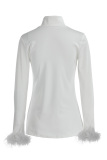 White Fashion Casual Solid Split Joint Turtleneck Tops